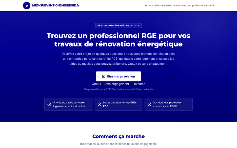 Page de mise en relation rénovation énergétique