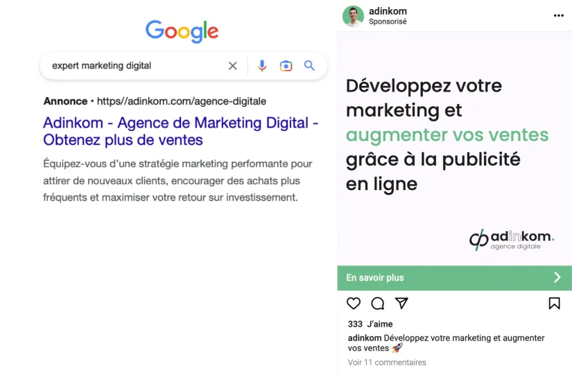 Annonce Google et annonce Instagram diffusées pour Adinkom